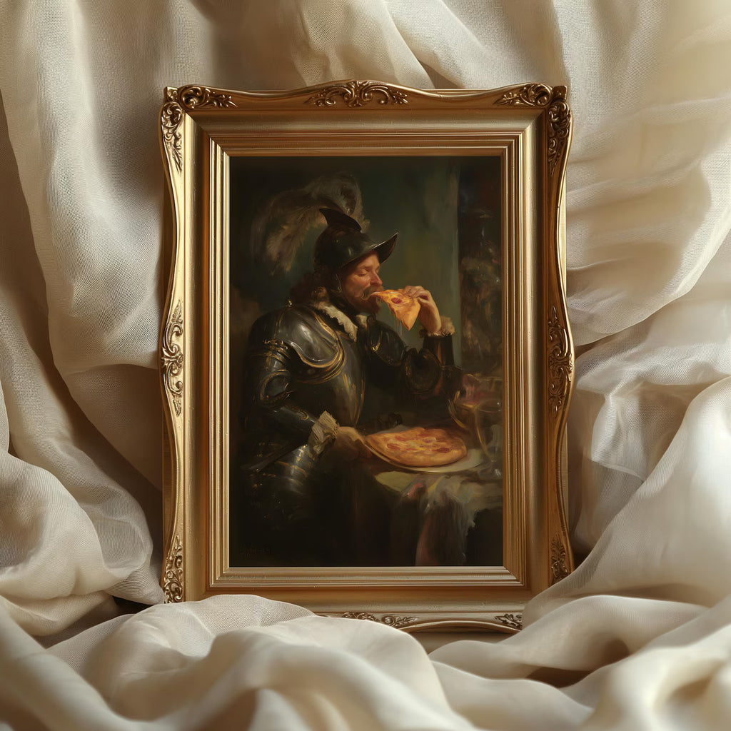 The Pizza Knight art print shown in a styled frame mockup; frame not included