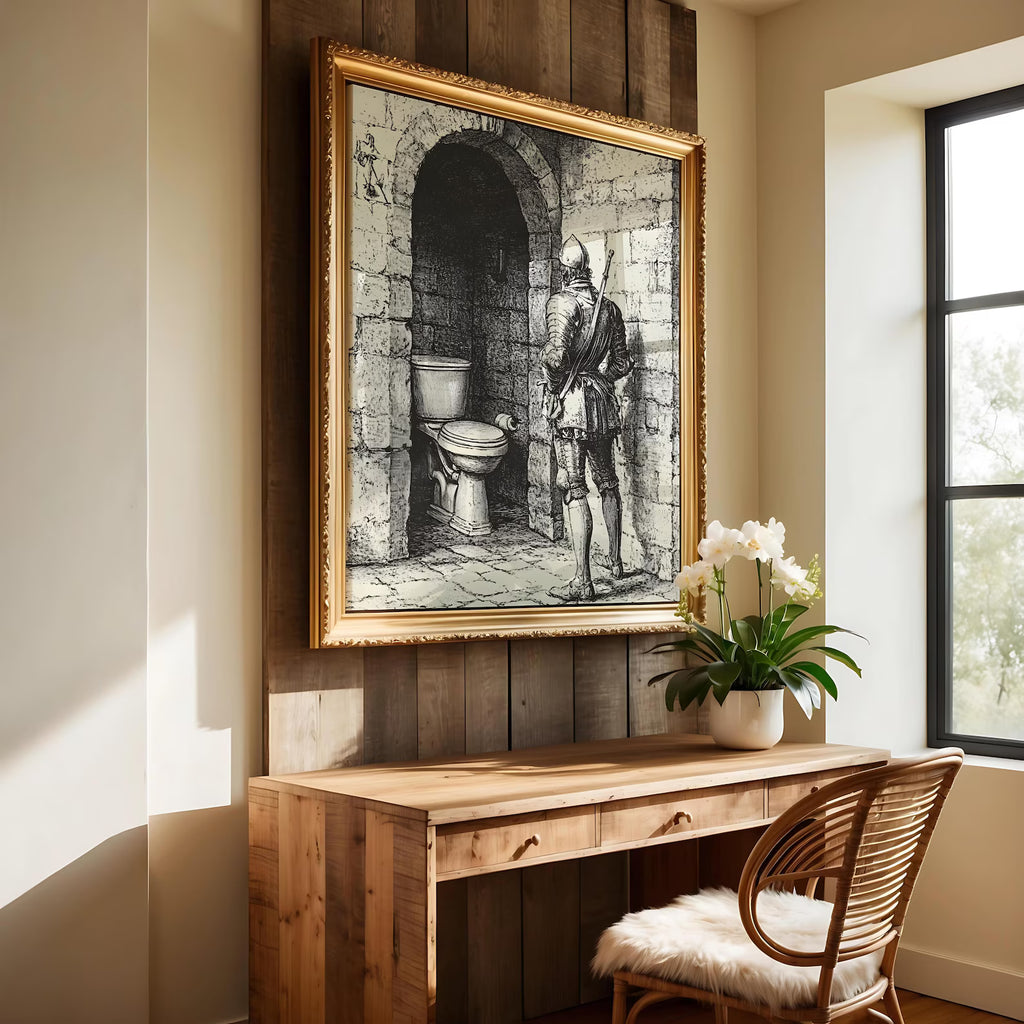 The Knight's Quiet Hour art print shown in a styled frame mockup; frame not included