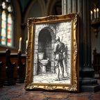 The Knight's Quiet Hour art print shown in a styled frame mockup; frame not included