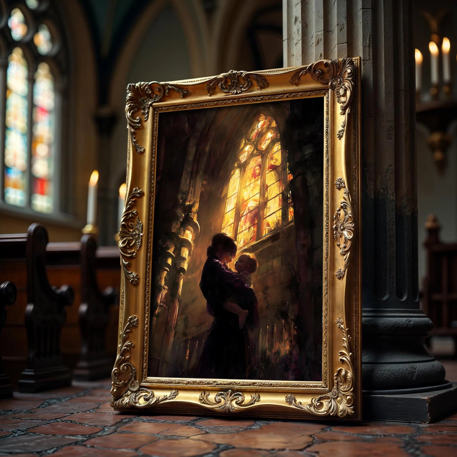 Mutter und Kind im Licht der Glasfenster als gerahmtes Wohnbeispiel; Rahmen nicht enthalten