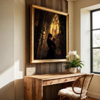 Mother and Child Beneath Stained Glass art print shown in a styled frame mockup; frame not included