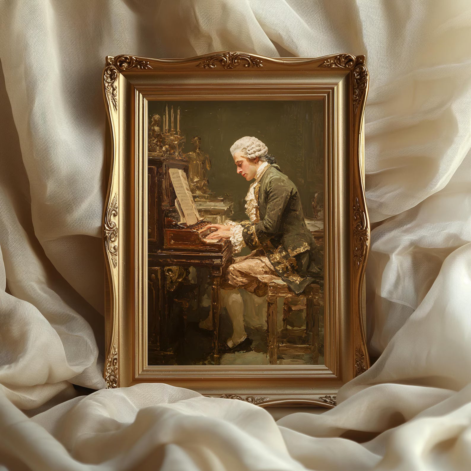 Mozart at the Piano art print shown in a styled frame mockup; frame not included