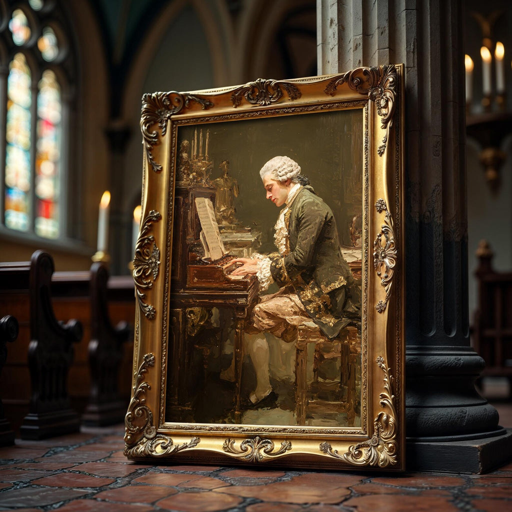 Mozart am Klavier als gerahmtes Wohnbeispiel; Rahmen nicht enthalten