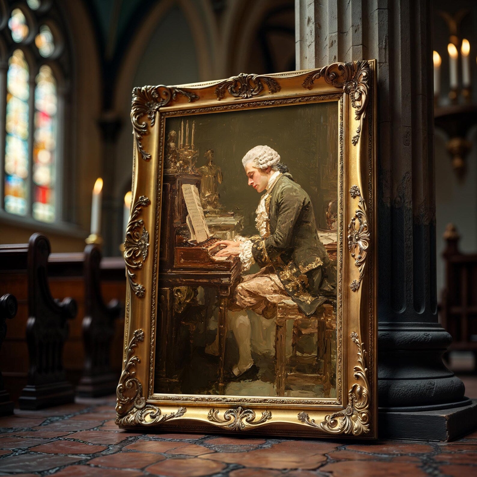 Mozart at the Piano art print shown in a styled frame mockup; frame not included