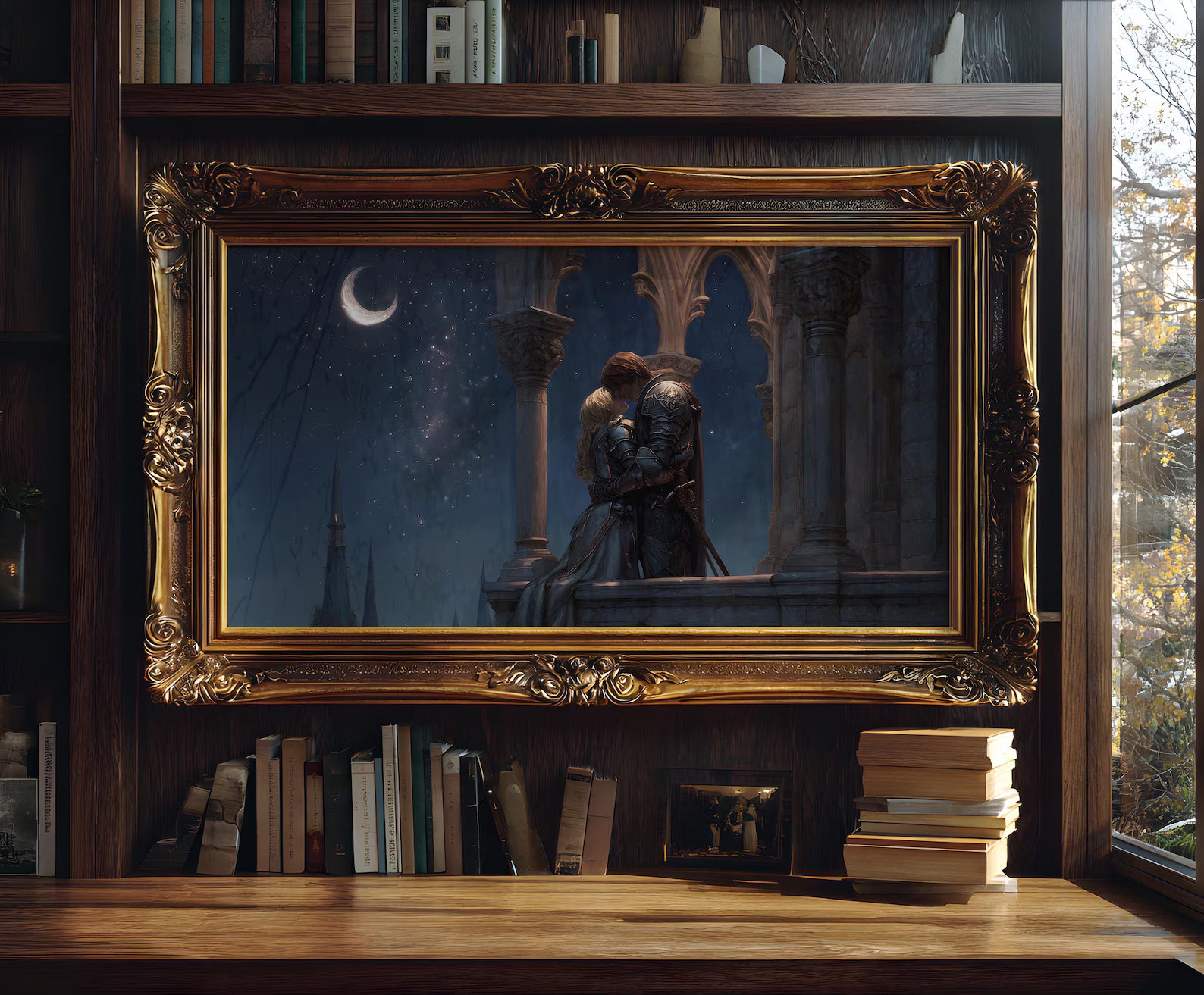 The Knight and the Princess art print shown in a styled frame mockup; frame not included