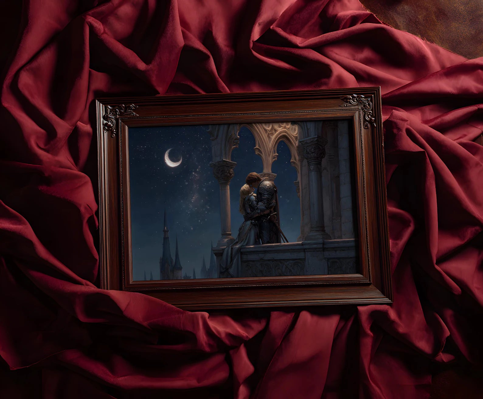 The Knight and the Princess art print shown in a styled frame mockup; frame not included