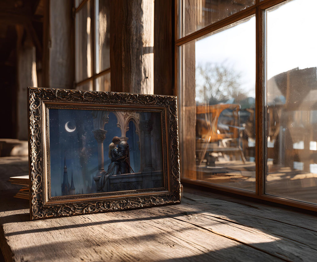 The Knight and the Princess art print shown in a styled frame mockup; frame not included