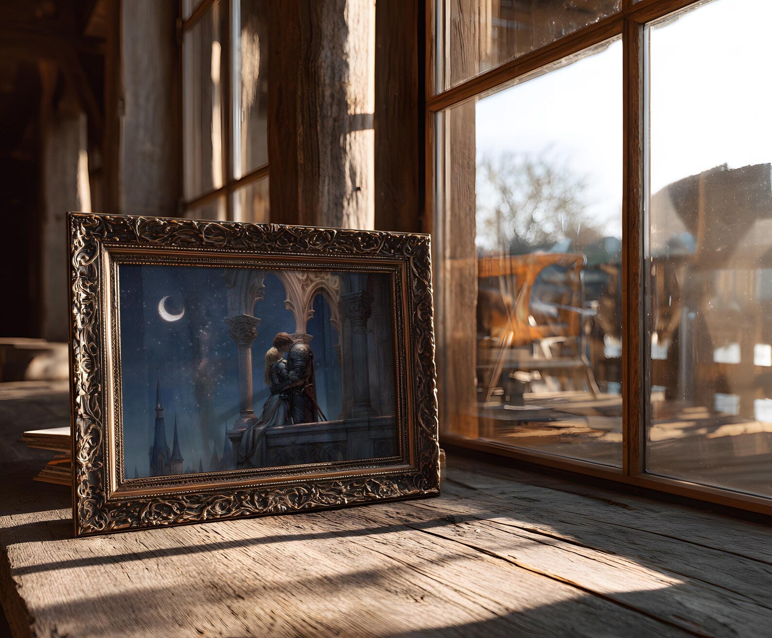 The Knight and the Princess art print shown in a styled frame mockup; frame not included