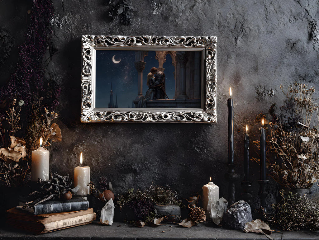 The Knight and the Princess art print shown in a styled frame mockup; frame not included