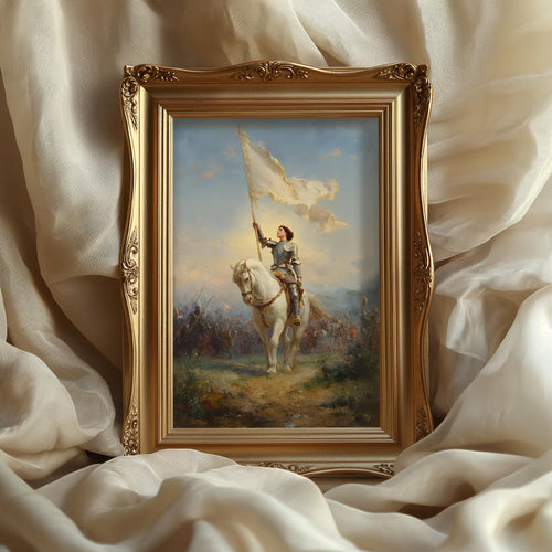 Joan of Arc in Armour art print shown in a styled frame mockup; frame not included