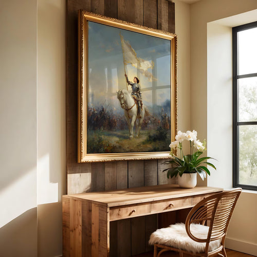 Joan of Arc in Armour art print shown in a styled frame mockup; frame not included