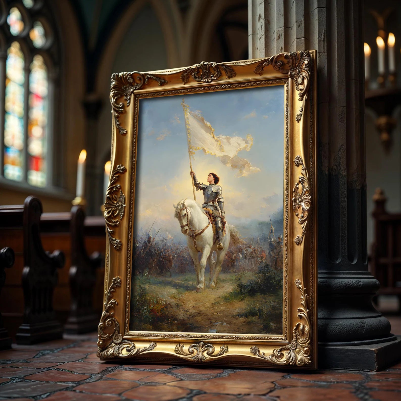 Jeanne d’Arc in Rüstung als gerahmtes Wohnbeispiel; Rahmen nicht enthalten
