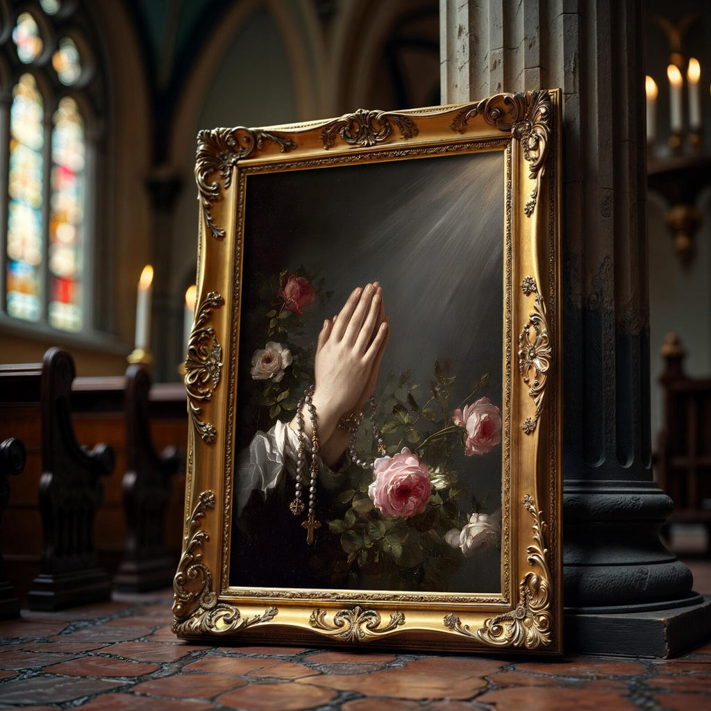 Hands with Rosary art print shown in a styled frame mockup; frame not included