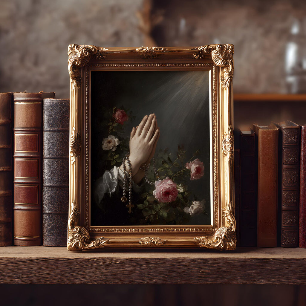 Hands with Rosary art print shown in a styled frame mockup; frame not included