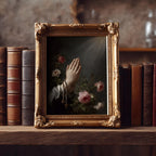 Hands with Rosary art print shown in a styled frame mockup; frame not included