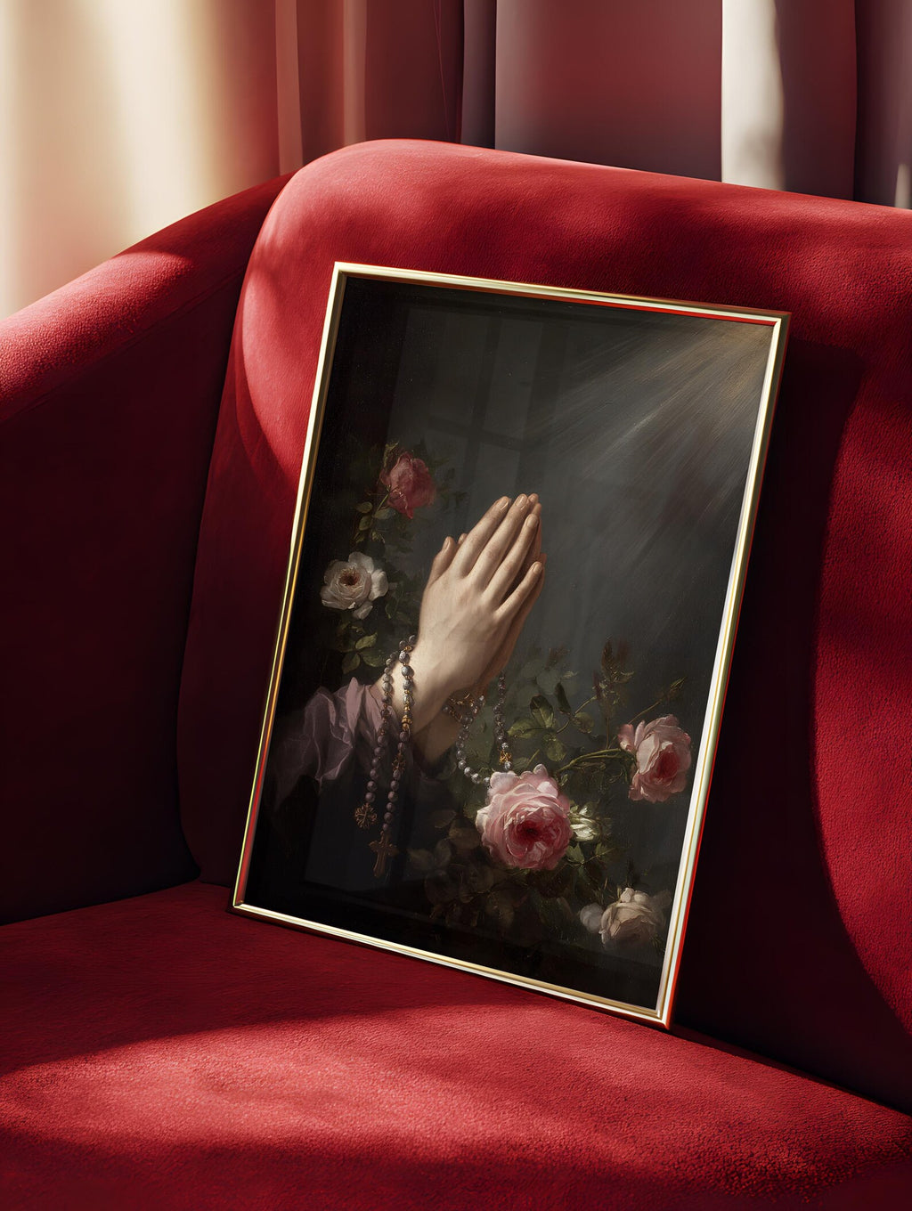 Hands with Rosary art print shown in a styled frame mockup; frame not included