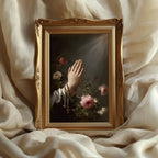 Hands with Rosary art print shown in a styled frame mockup; frame not included