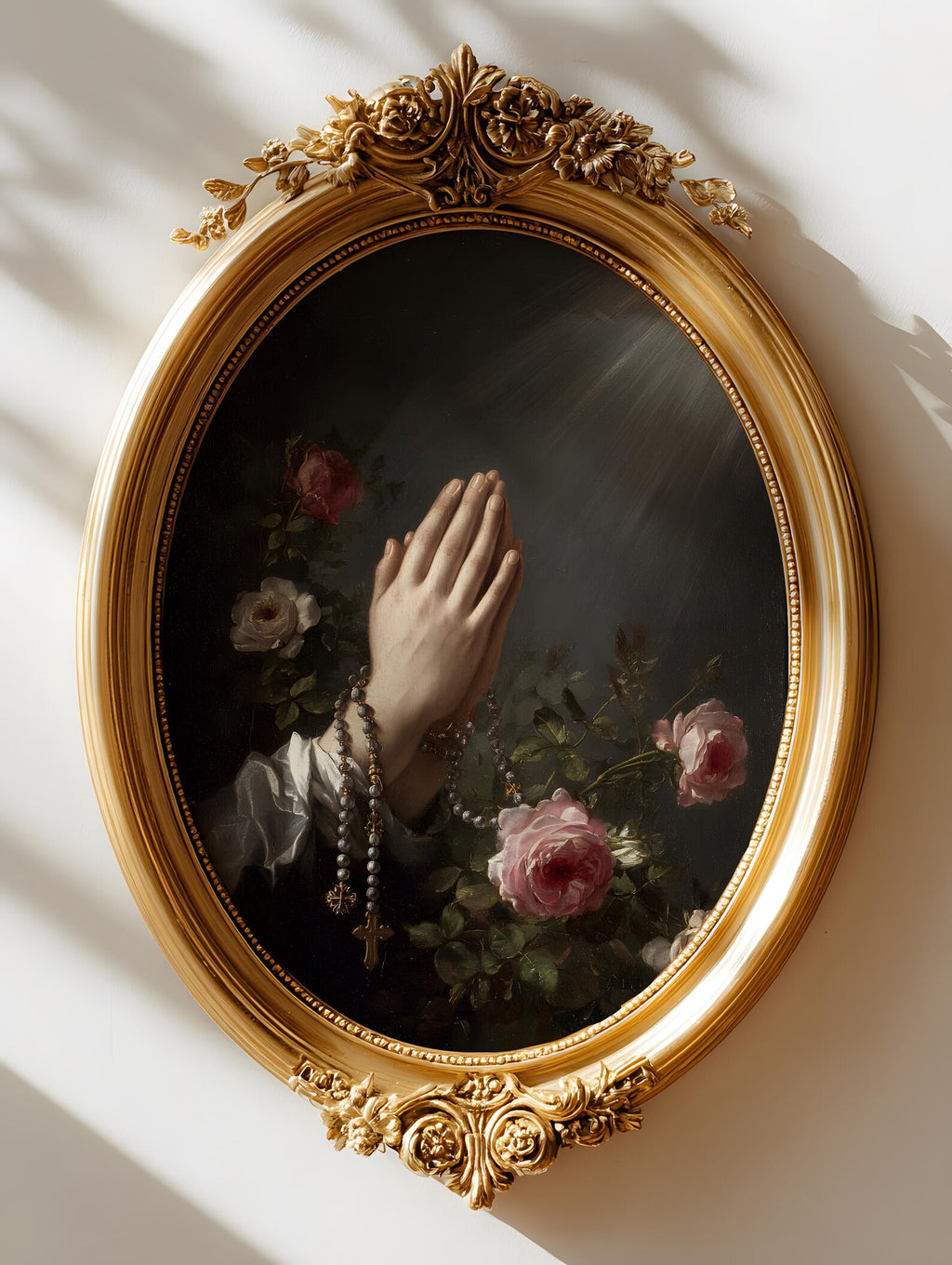 Hands with Rosary art print shown in a styled frame mockup; frame not included