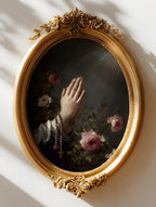 Hands with Rosary art print shown in a styled frame mockup; frame not included
