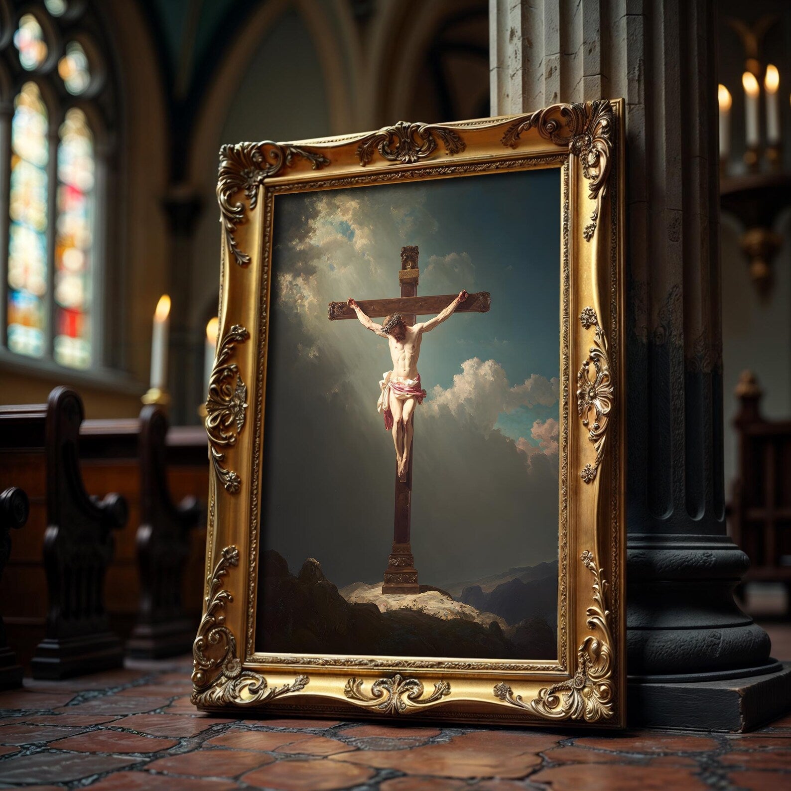 Christus am Kreuz als gerahmtes Wohnbeispiel; Rahmen nicht enthalten