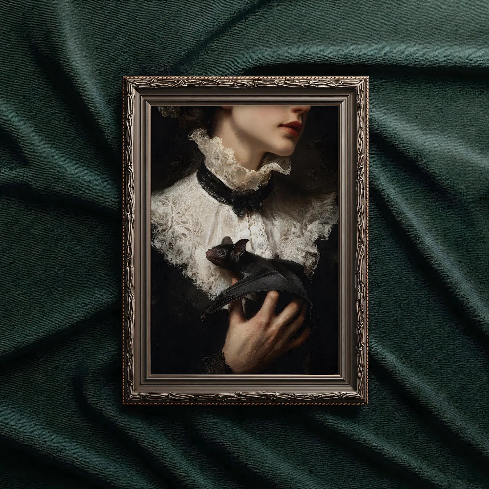 The Lady and the Bat art print shown in a styled frame mockup; frame not included