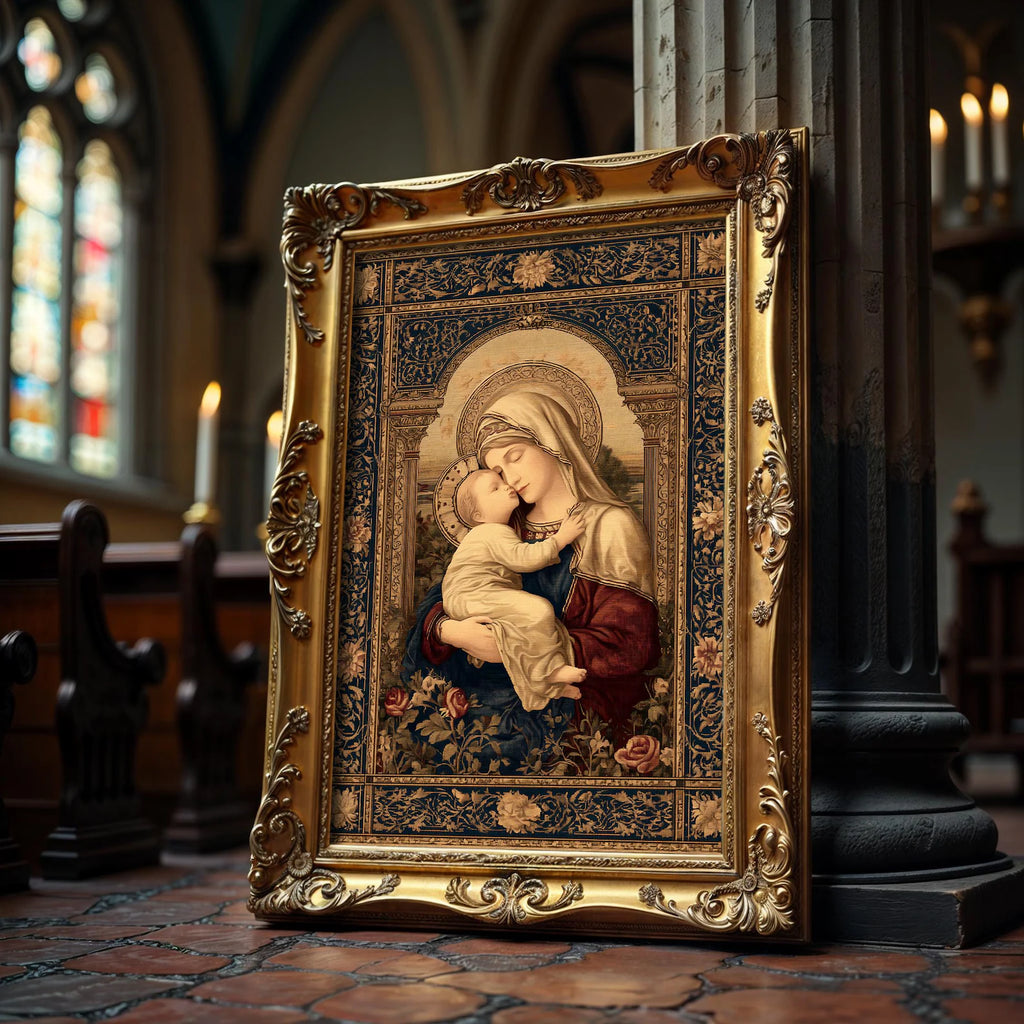 Madonna and Child art print shown in a styled frame mockup; frame not included
