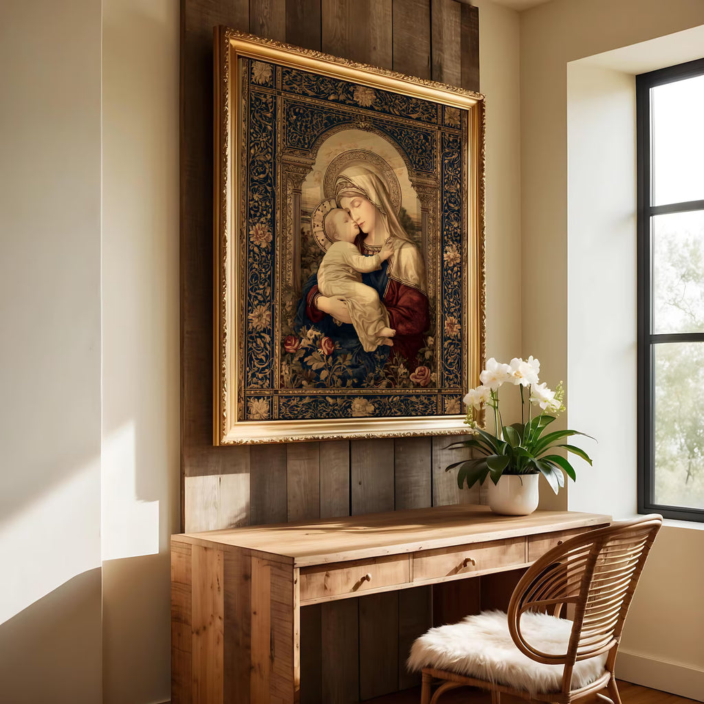 Madonna and Child art print shown in a styled frame mockup; frame not included