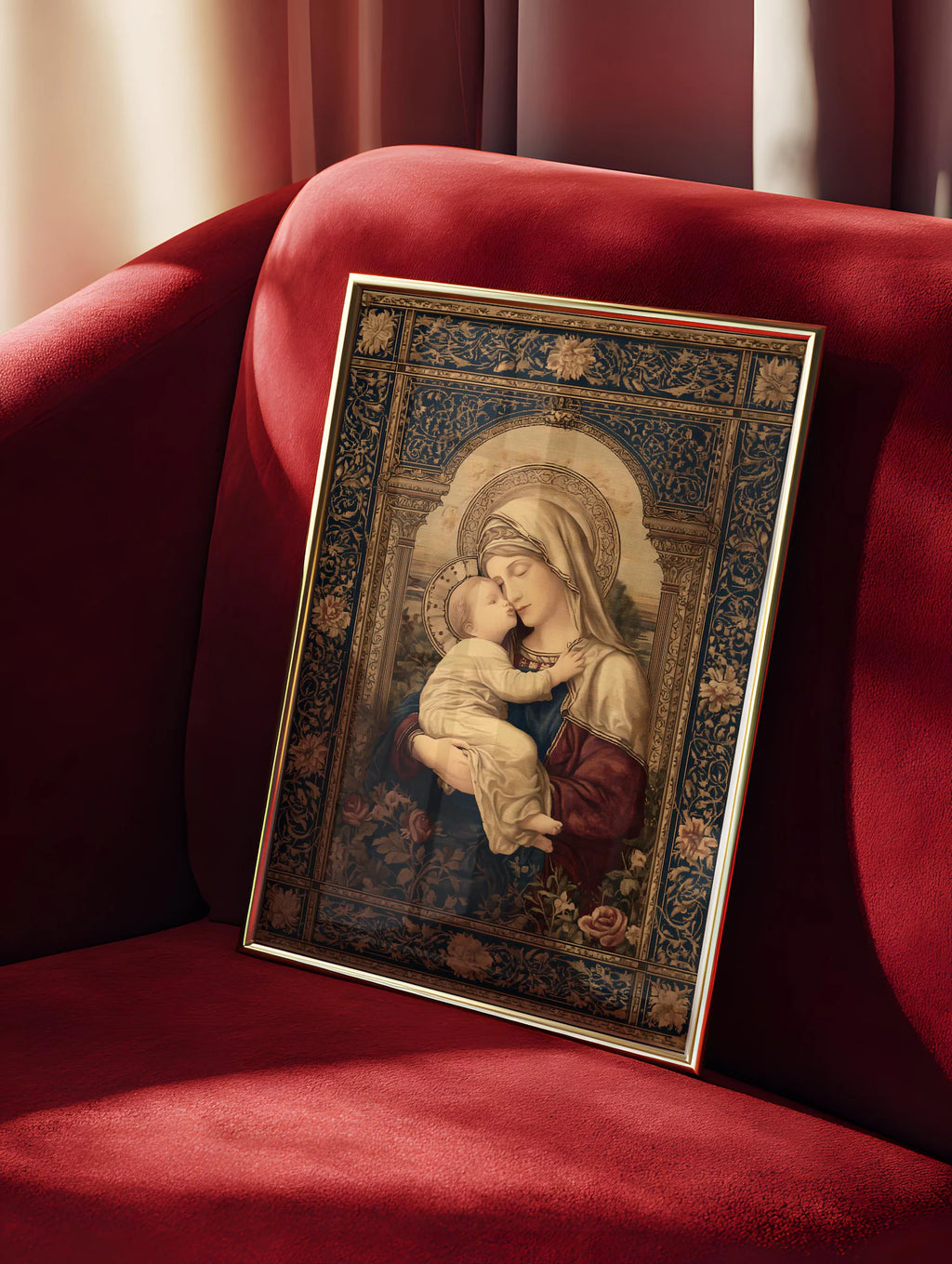 Madonna and Child art print shown in a styled frame mockup; frame not included