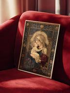 Madonna and Child art print shown in a styled frame mockup; frame not included