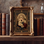 Madonna and Child art print shown in a styled frame mockup; frame not included