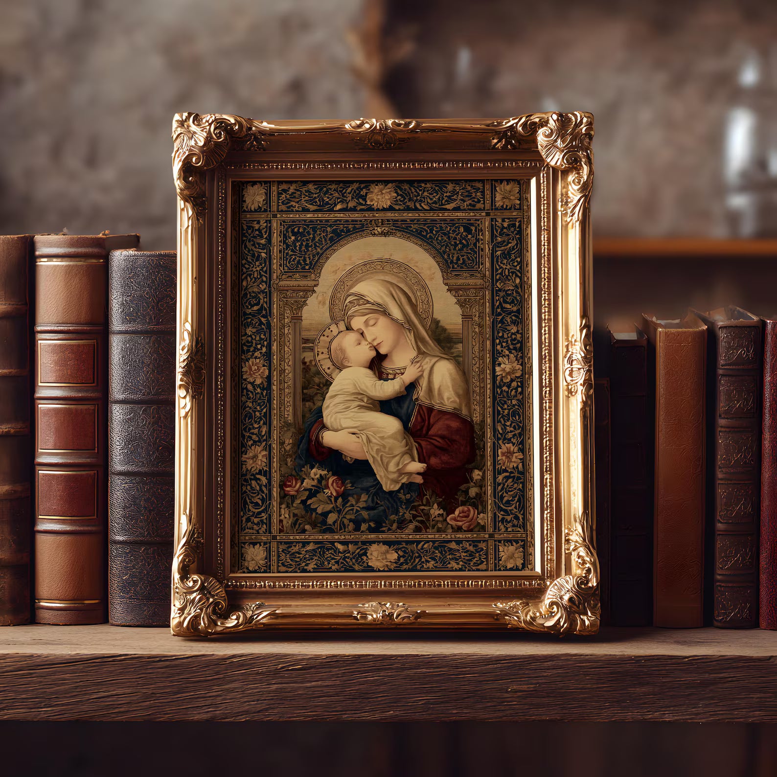 Madonna and Child art print shown in a styled frame mockup; frame not included