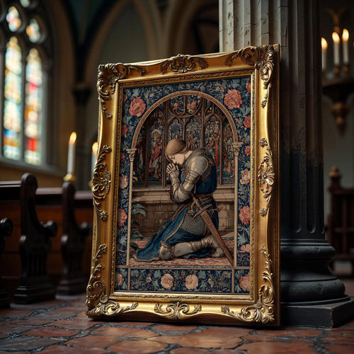 Joan of Arc Kneeling in Prayer art print shown in a styled frame mockup; frame not included