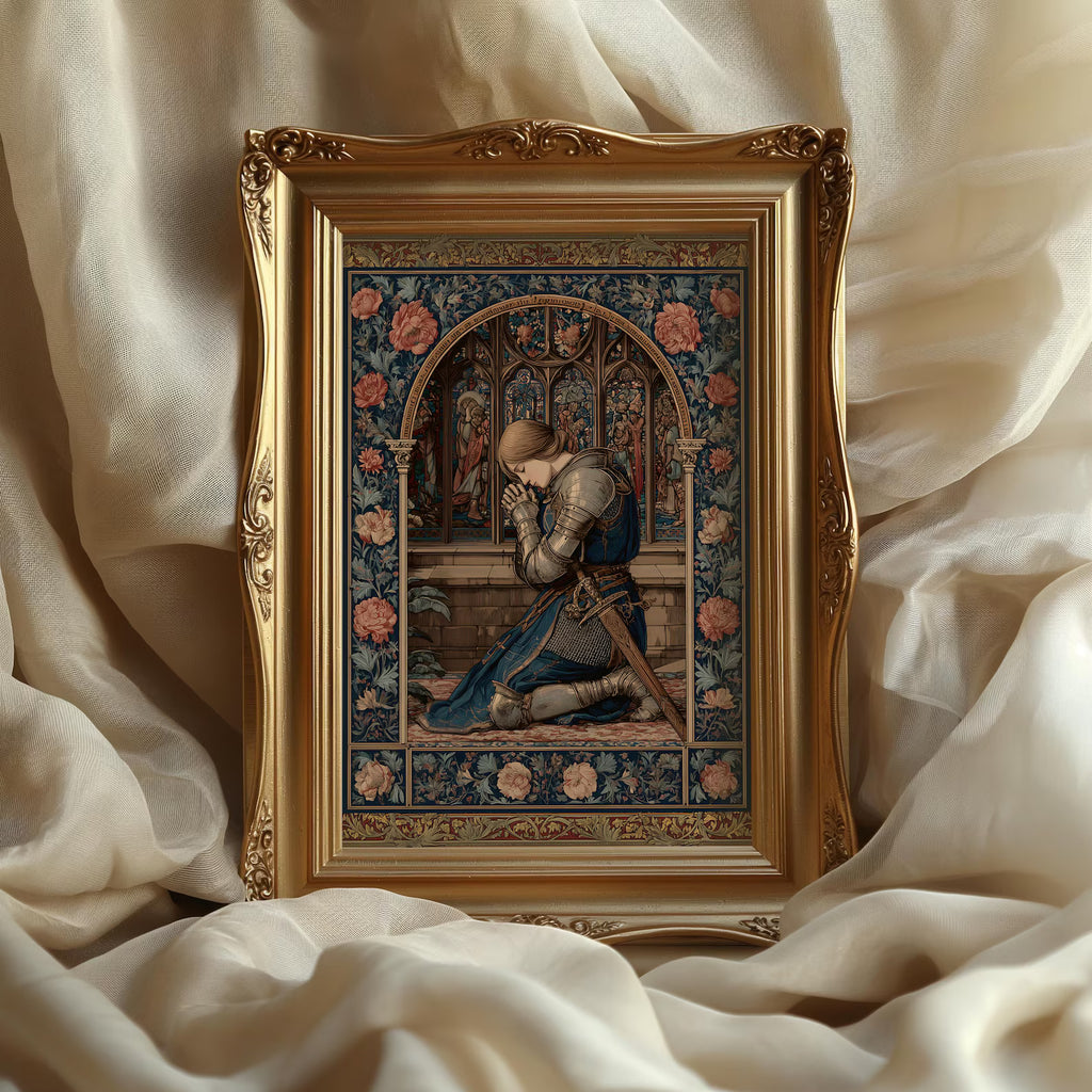 Jeanne d’Arc kniend im Gebet als gerahmtes Wohnbeispiel; Rahmen nicht enthalten