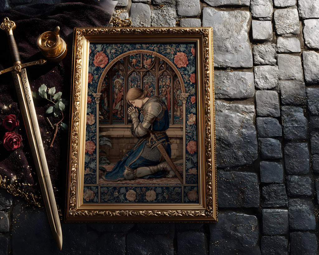 Jeanne d’Arc kniend im Gebet als gerahmtes Wohnbeispiel; Rahmen nicht enthalten