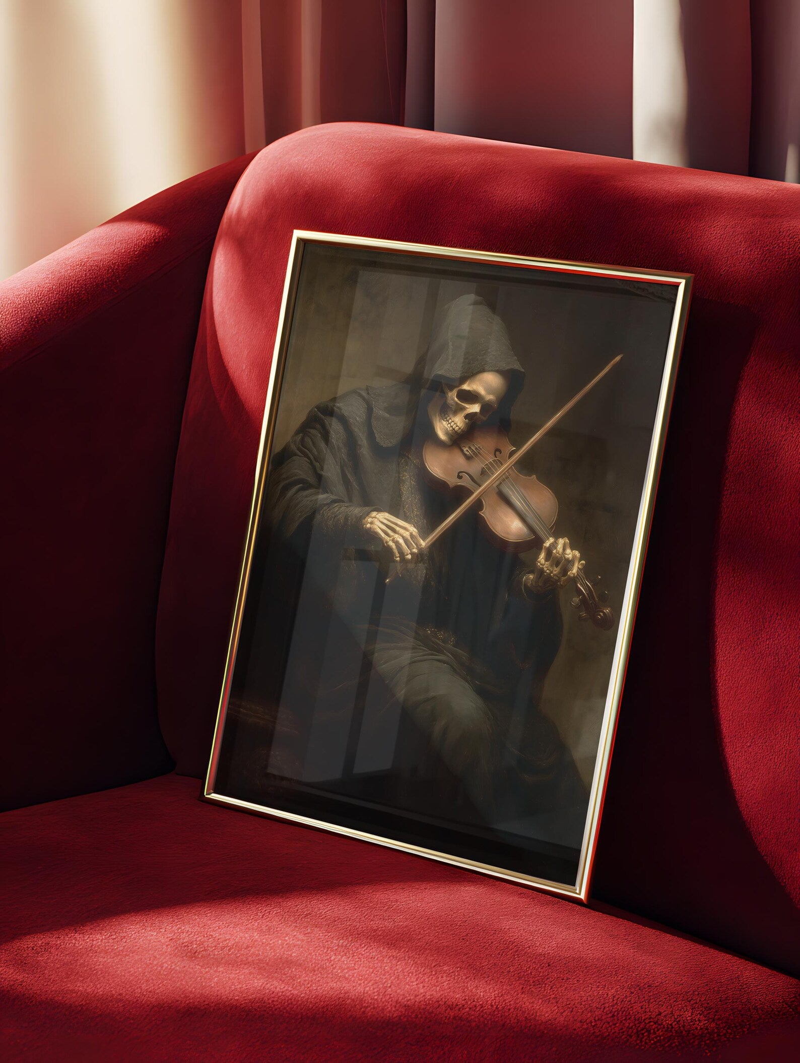 The Violinist Beyond art print shown in a styled frame mockup; frame not included