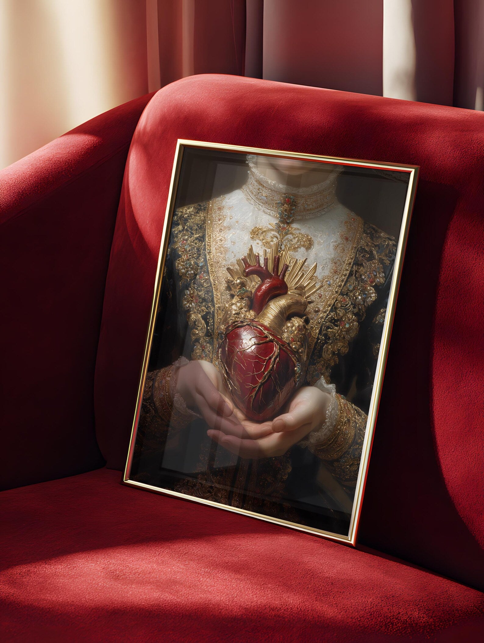 Victorian Sacred Heart art print shown in a styled frame mockup; frame not included