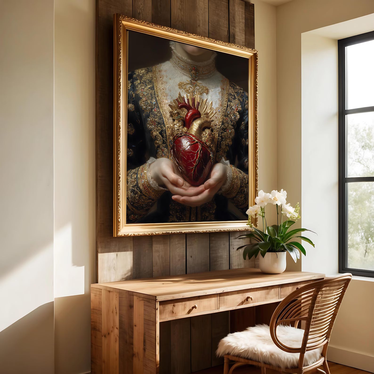 Victorian Sacred Heart art print shown in a styled frame mockup; frame not included