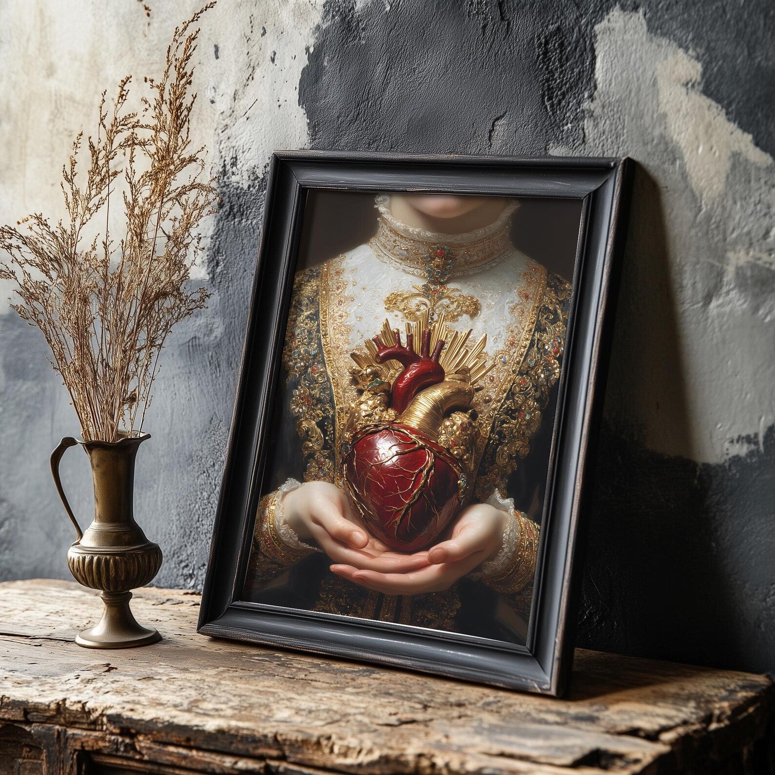 Victorian Sacred Heart art print shown in a styled frame mockup; frame not included