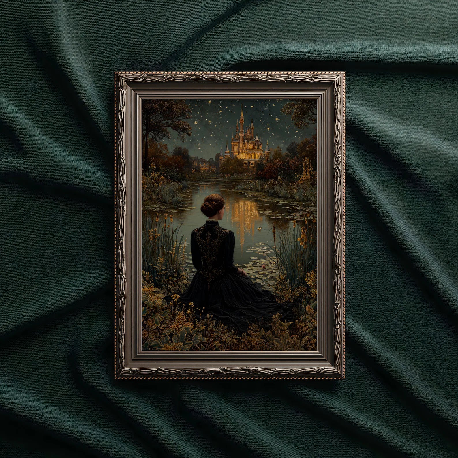 Castle Beneath the Stars art print shown in a styled frame mockup; frame not included