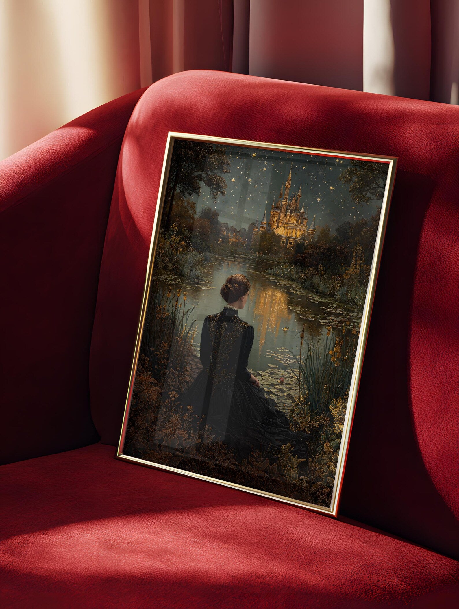 Castle Beneath the Stars art print shown in a styled frame mockup; frame not included