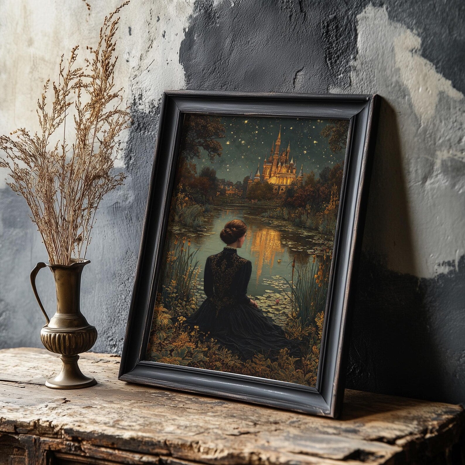 Castle Beneath the Stars art print shown in a styled frame mockup; frame not included