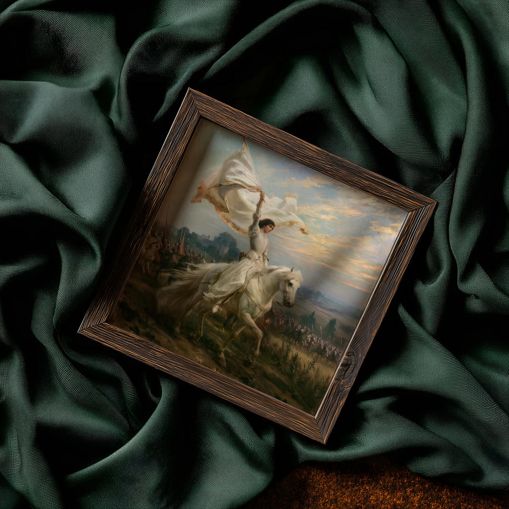 Joan of Arc — Patron Saint art print shown in a styled frame mockup; frame not included