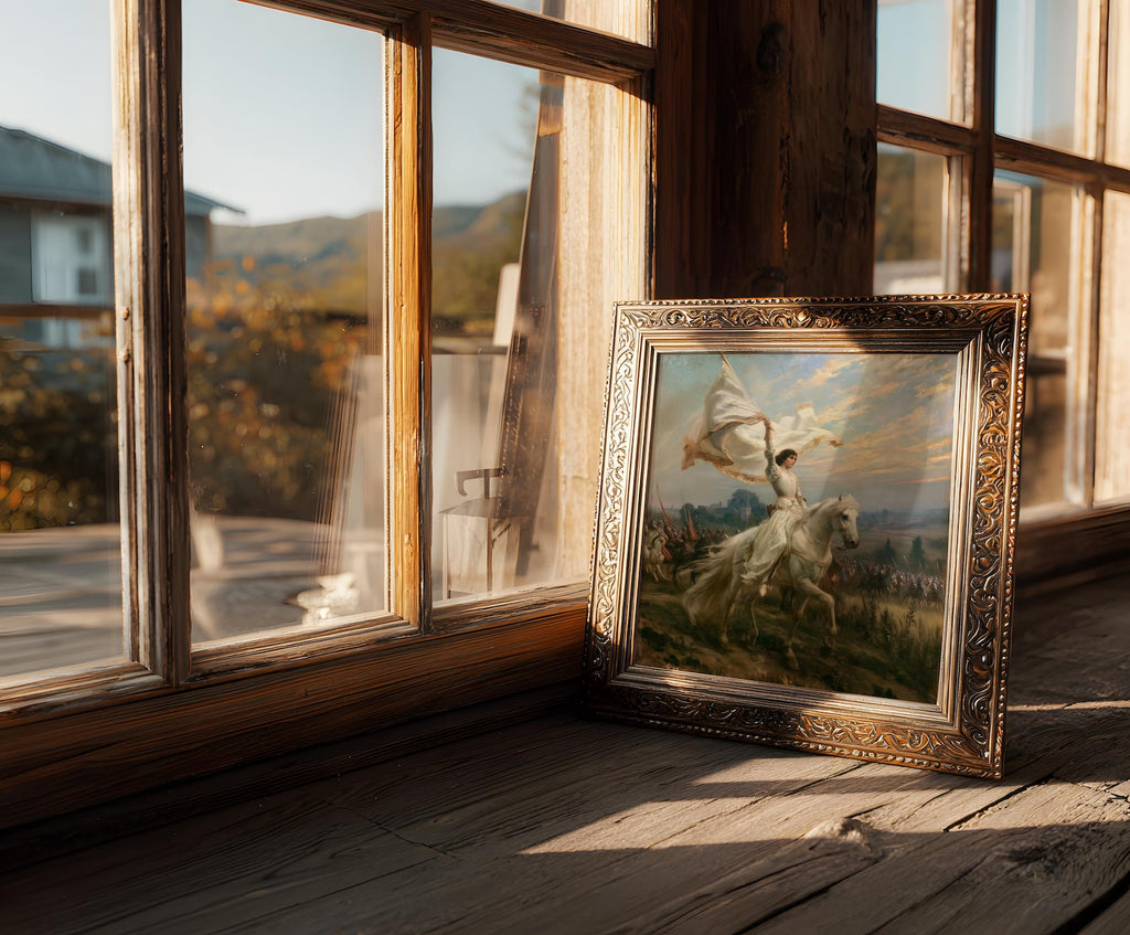 Joan of Arc — Patron Saint art print shown in a styled frame mockup; frame not included
