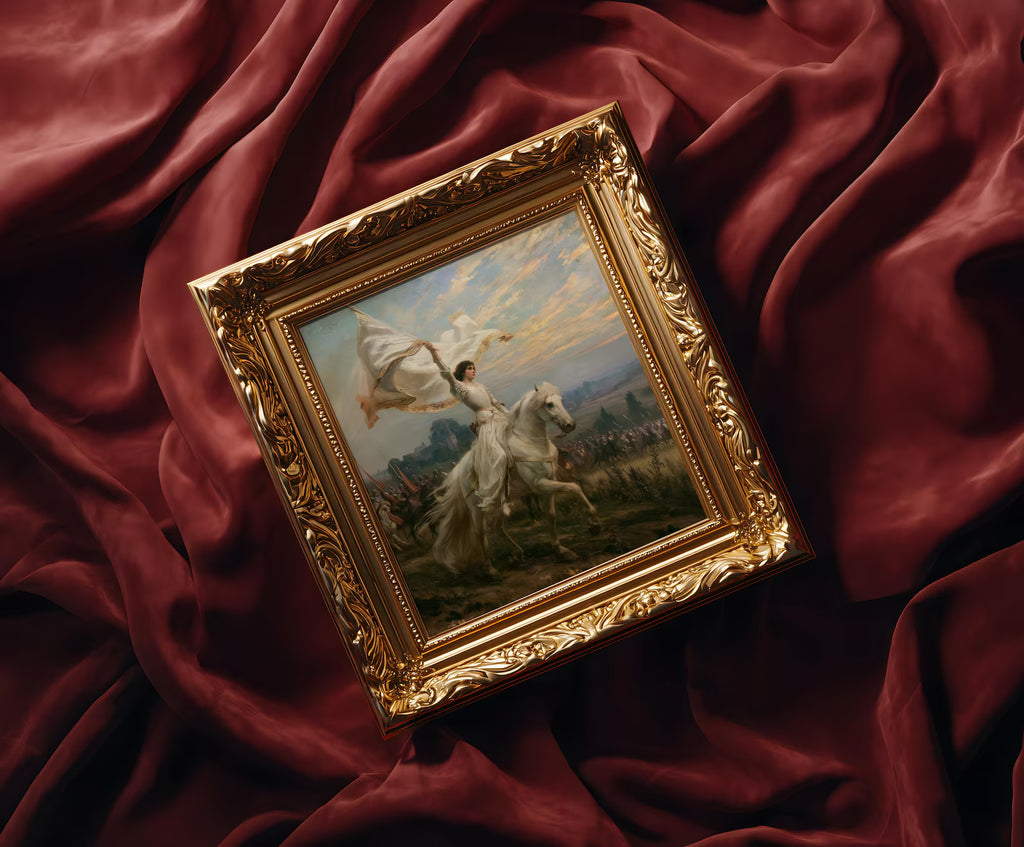Joan of Arc — Patron Saint art print shown in a styled frame mockup; frame not included