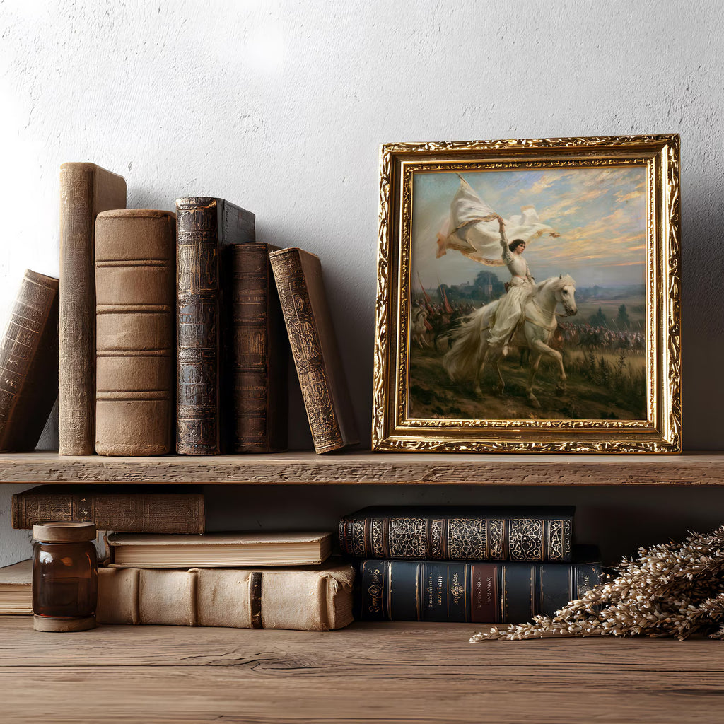 Joan of Arc — Patron Saint art print shown in a styled frame mockup; frame not included