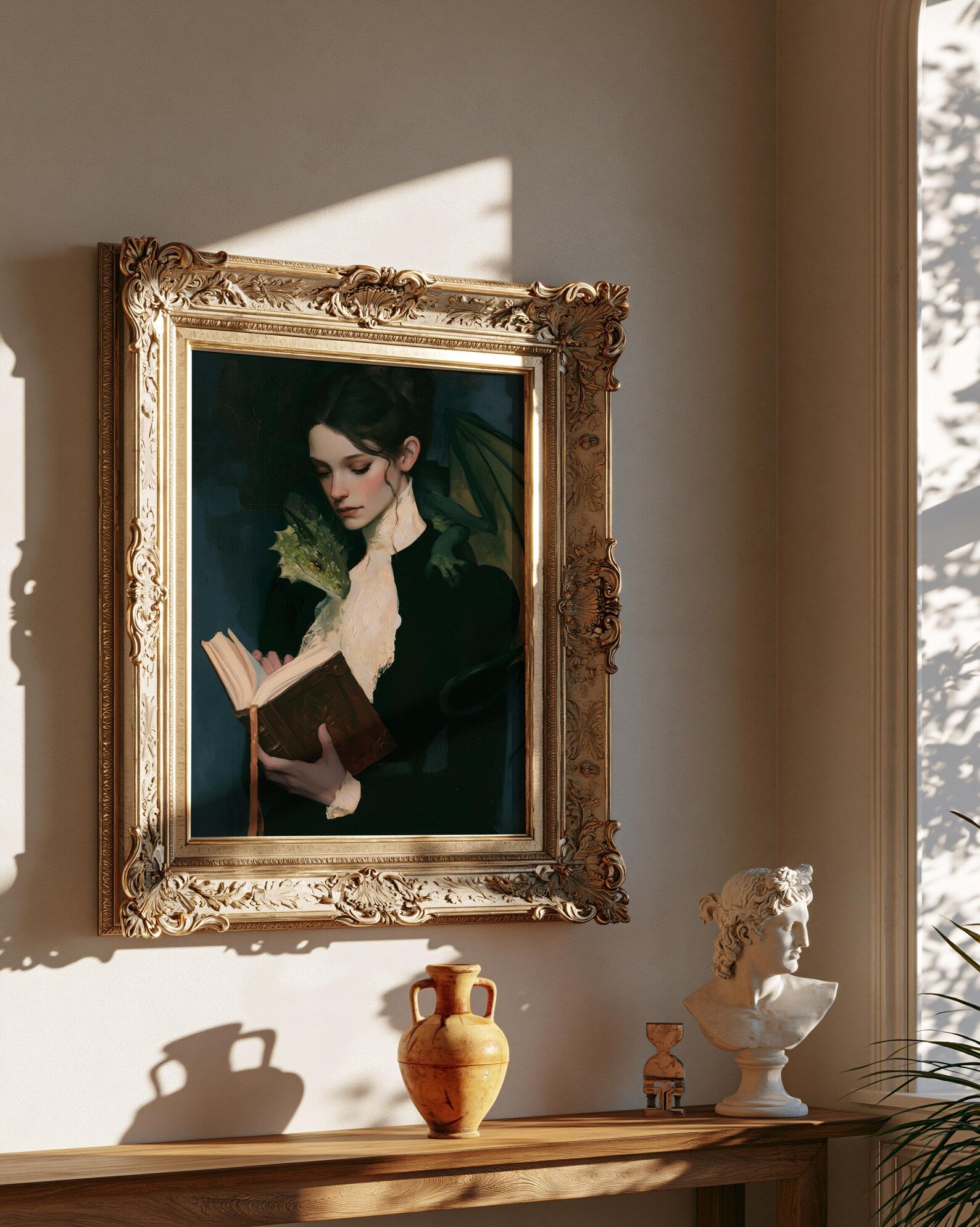 The Reader and the Dragon art print shown in a styled frame mockup; frame not included
