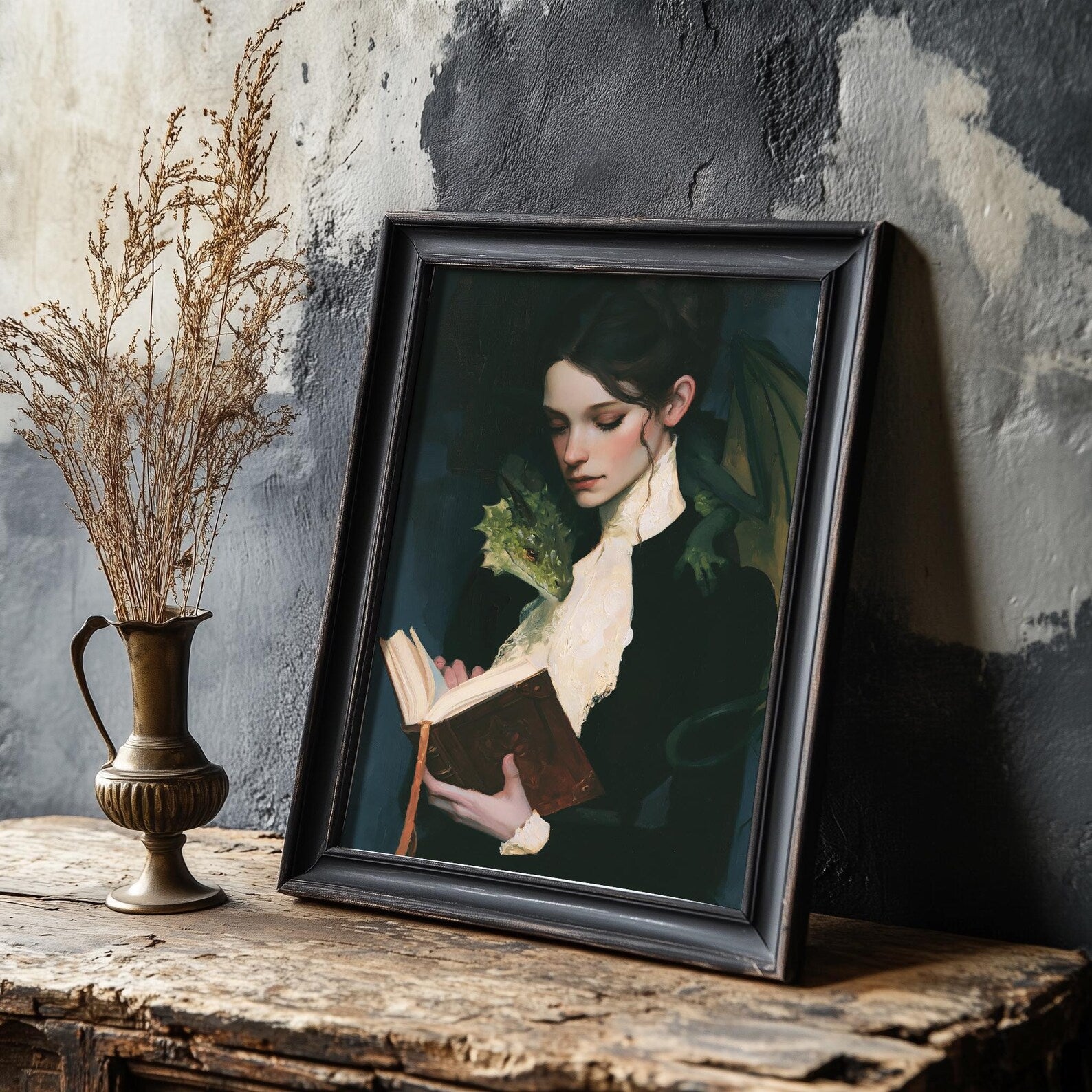 The Reader and the Dragon art print shown in a styled frame mockup; frame not included